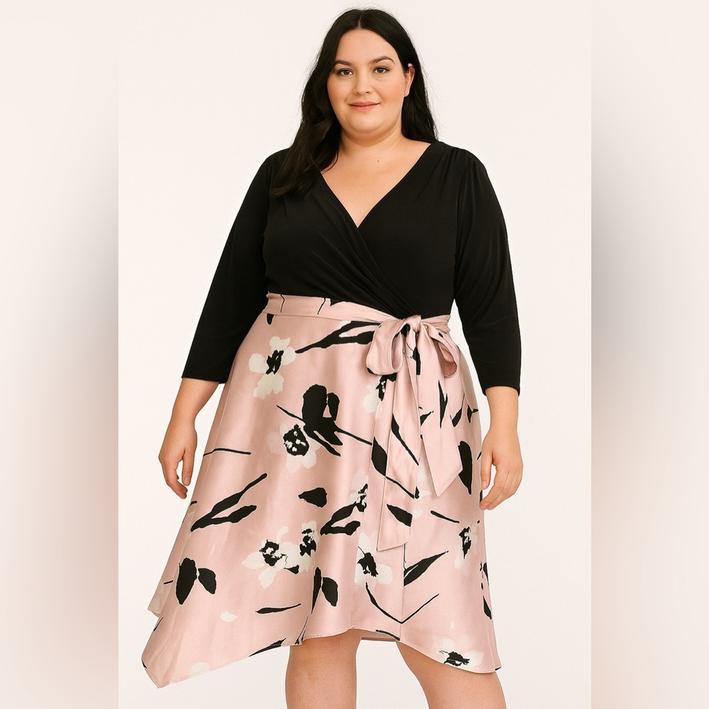 R&M Richards Womens Black Pink Floral‎ Dress Wrap Design Tie Waist Elegant